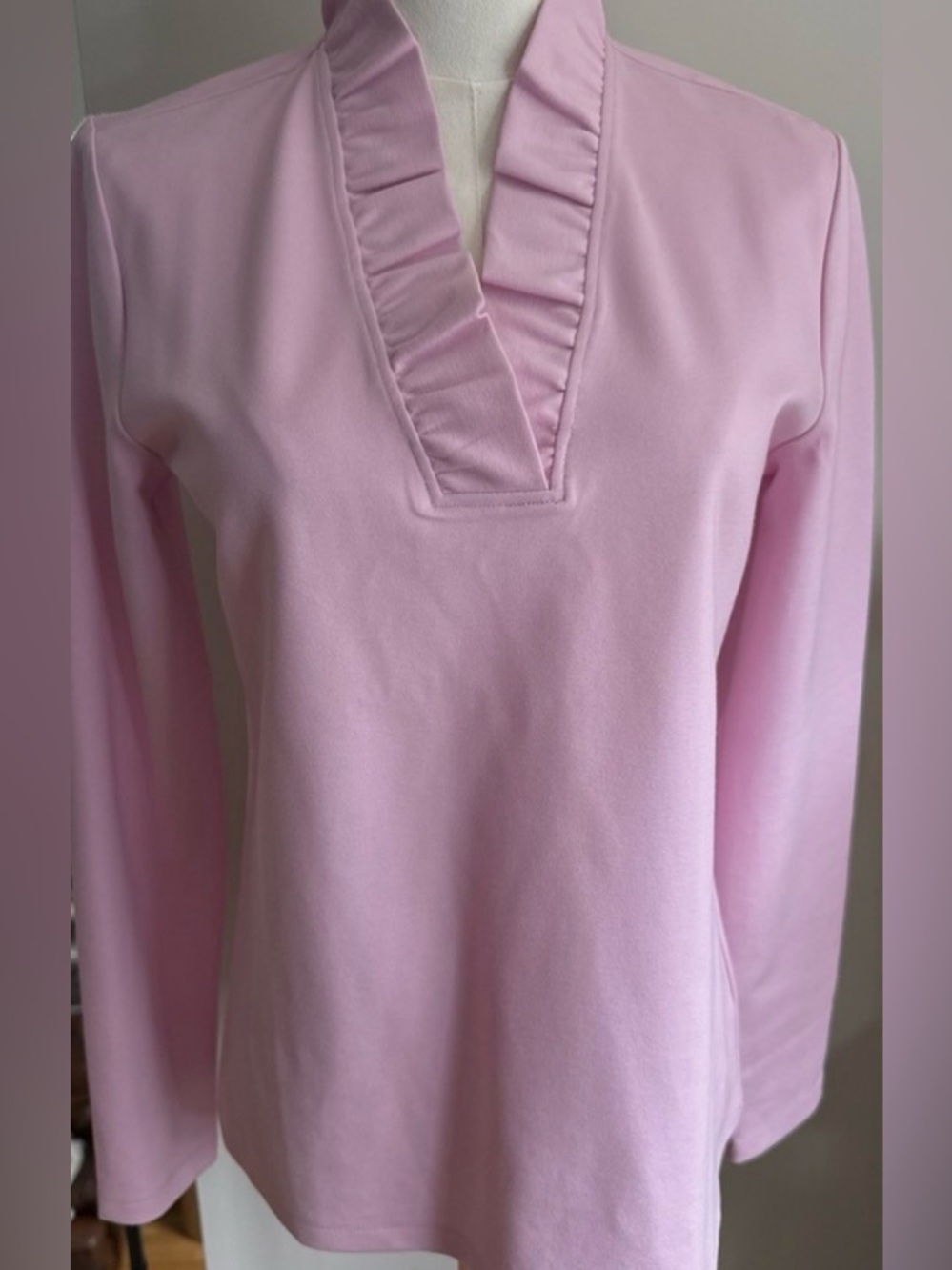 Brooks Brothers Pink Ruffle V-Neck Long Sleeve Top